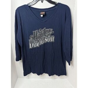 Harley Davidson Womens T Shirt Top Blue 3/4 Sleeve Motorcycle New River L